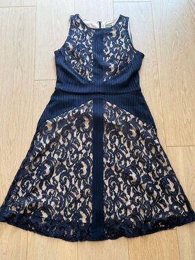 BNWOT Taylor Navy/Black Lace Illusion Dress | Nude Lined Fit & Flare Cocktail |
